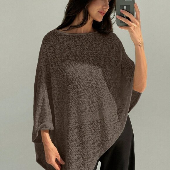 Brown Elegant Womens Off Shoulder Asymmetrical Hem Sheer Casual top - Picture 7 of 8